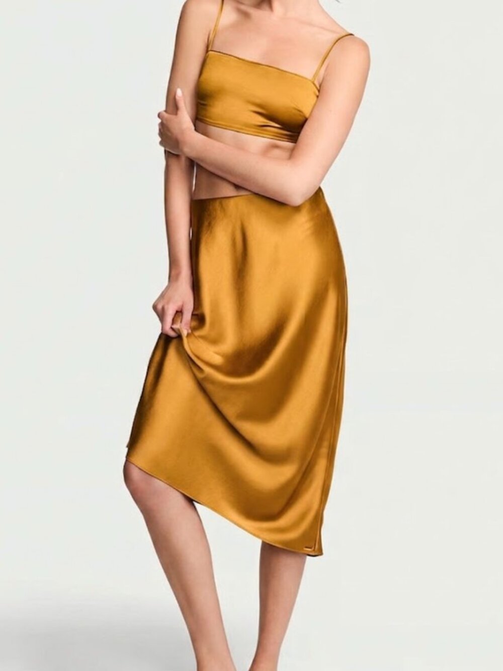 New Victoria's Secret Gold Luxe Satin Crop Bandeau Top & Slip Skirt Set